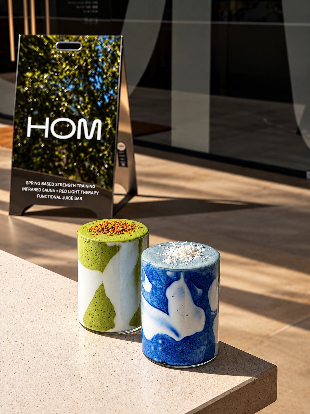 Two signature smoothies outside the HOM studio